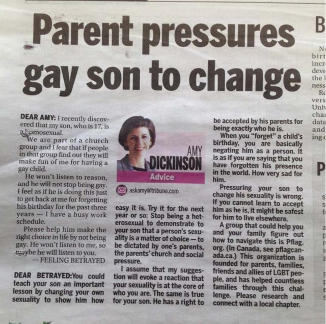 Parent thinks gay son should change.